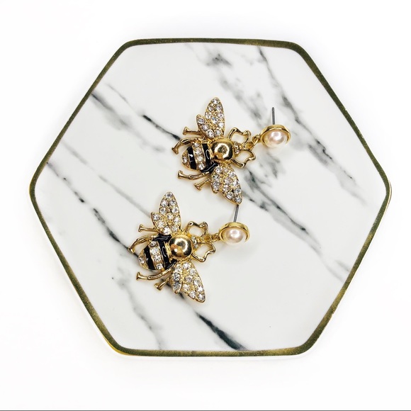 BLING BEE FAUX PEARL SPARKLY BUG DANGLE EARRINGS - Picture 3 of 8